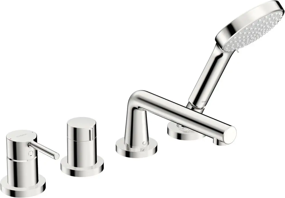 Wannen- und Brausearmatur von HANSA mit runder Rosette und Handbrause. Die Armatur hat einen schlanken Auslauf und zwei Bedienungselemente. Oberfläche in Chrom.